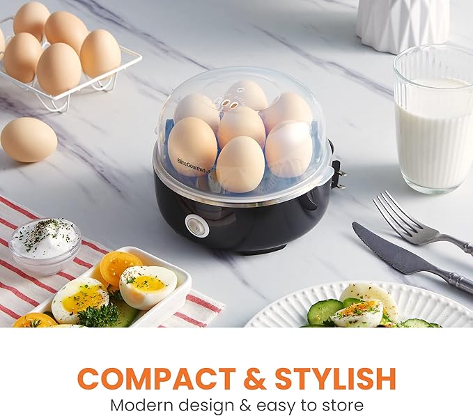 Elite Gourmet EGC115B Easy Egg Cooker Electric 7-Egg Capacity, Soft, Medium, Hard-Boiled Egg Cooker with Auto Shut-Off, Measuring Cup Included, BPA Free, Classic Black