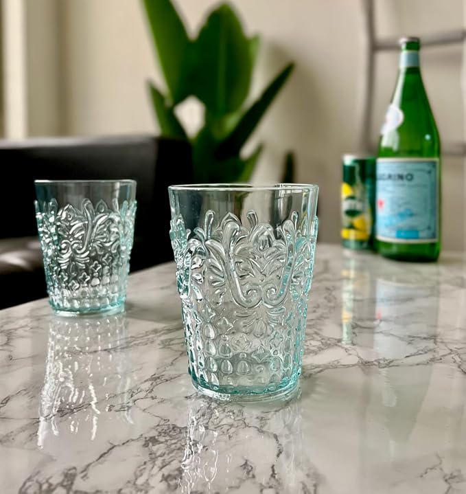KLIFA- BLOIS- 15.2 ounce, Set of 6, Acrylic Tumbler Drinking Glasses, BPA-Free, Stackable Plastic Drinkware, Dishwasher Safe, Vintage Looking Cups, Light Teal