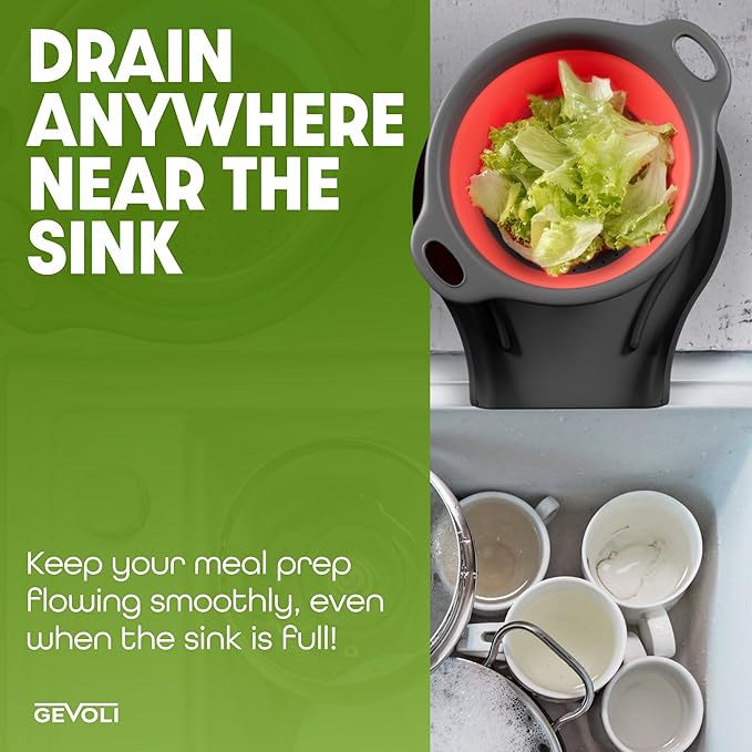 Gevoli Collapsible Colanders with Self-Draining Base for Edge of Sink, Food Strainers (Small/Med/Large), Nested Design for Easy Storage (Red, Blue, Green) (4PC Set)