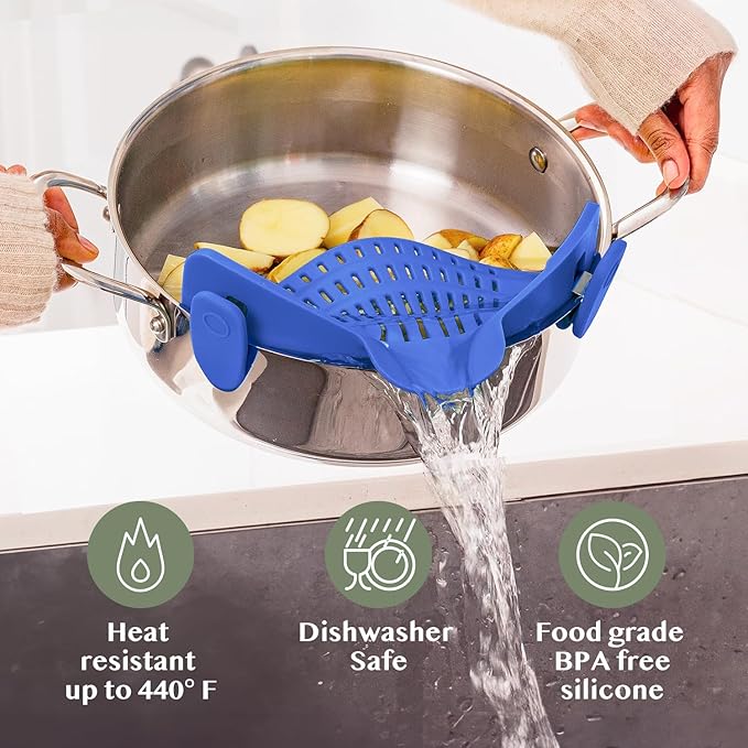 Kitchen Gizmo Snap N' Strain - Silicone Clip-On Strainer for Pots, Pans, and Bowls - Heat-Resistant Kitchen Gadgets, Essential Colander Drainer for Vegetables and Pasta - 7.87x2.76x4.53-Inch (Blue)