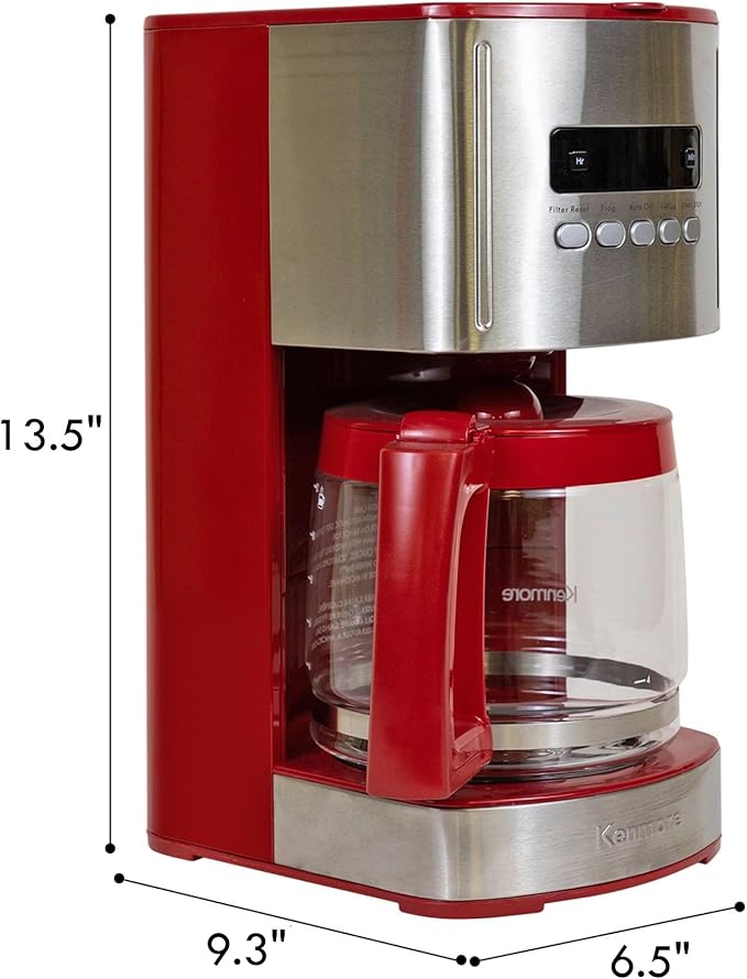 Kenmore Drip Coffee Maker - 12 Cup Programmable Cafe Machine With Glass Pot, Regular & Bold Brew, Auto Shut Off Large Water Reservoir, Reusable Filter, Kitchen Appliances For Cafeteria Barista, Red