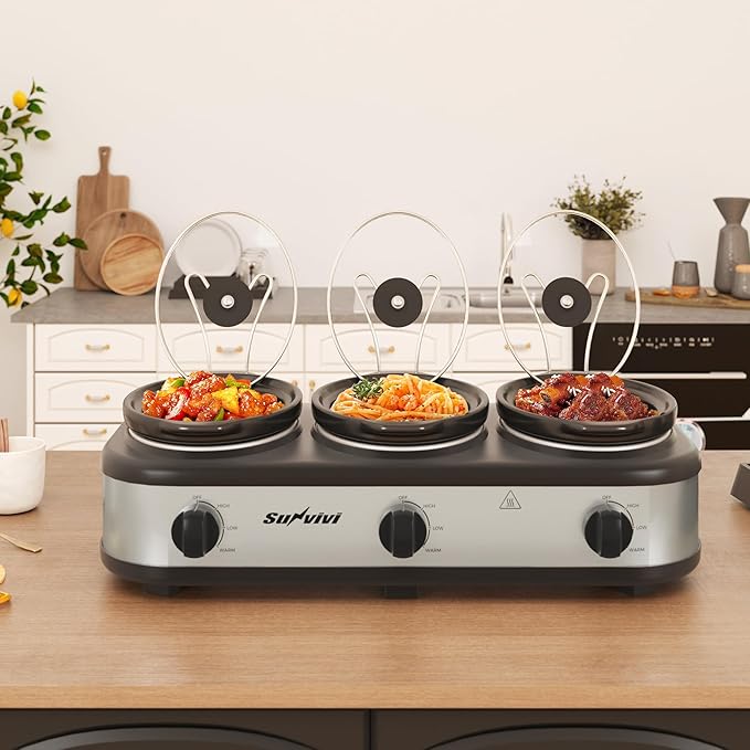 Sunvivi Triple Slow Cooker, Buffet Server and Food Warmer, Small Mini Pot with 3 Adjustable Temp & 3 Visible Glass Lids, for Parties, Holidays and Entertaining, Stainless Steel, 3 * 1.5 Quarts