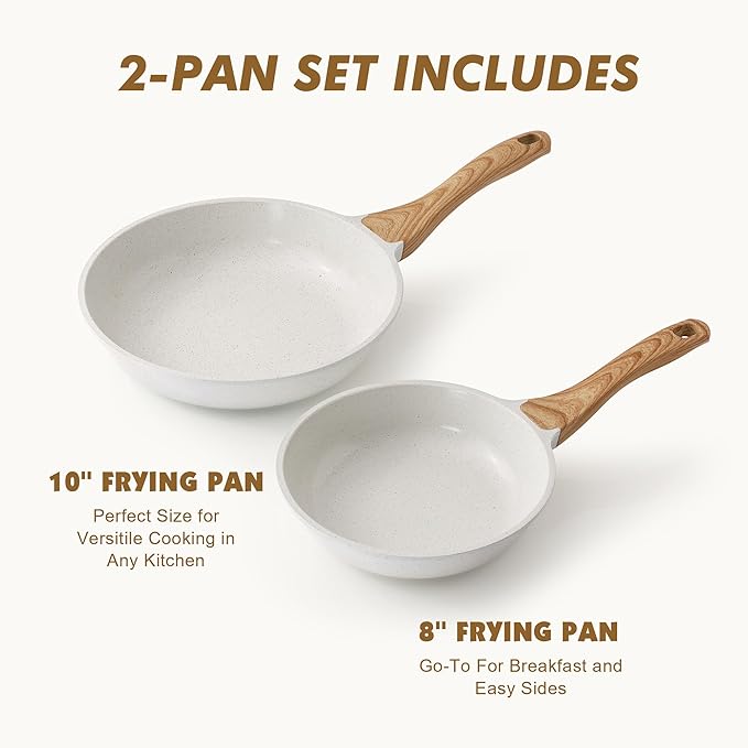 SENSARTE Nonstick Frying Pan Skillets, White Ceramic Coating Omelette Pans, Healthy Cookware Chef's Pan, Free of PTFE & PFAS (8+10 Inch)