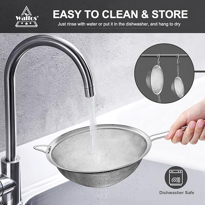 Walfos Extra Fine Mesh Strainer Set of 4-9.35", 6.95", 4.6", 2.7", Stainless Steel 30 Mesh Sieve with Sturdy Handle, Kitchen Food Strainers Sifters for Quinoa, Pasta, Fruits, Vegetables, Rice, Tea