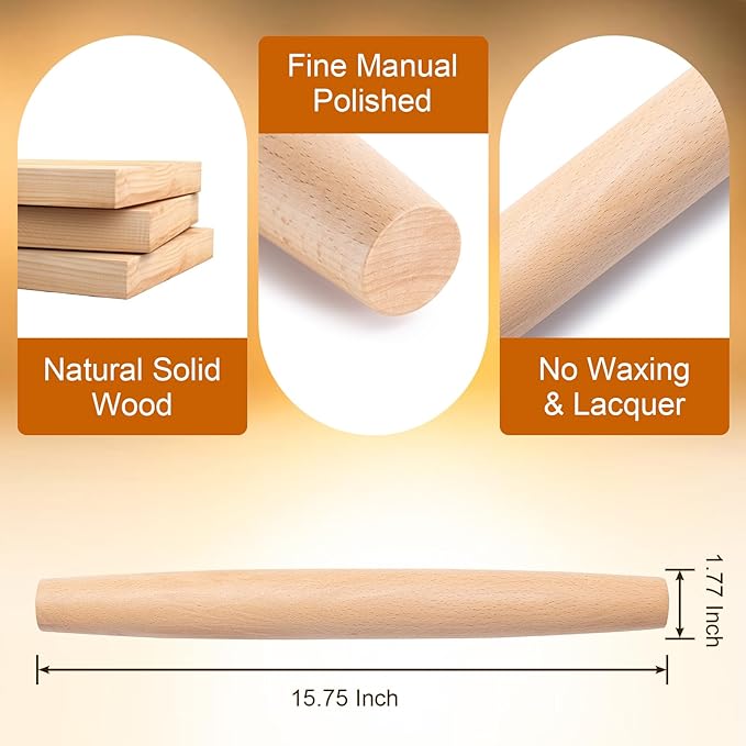 AISOSO French Rolling Pin, 15.75 Inches Wood Rolling Pins for Baking, Extra Long Classic Wooden Dough Roller for Fondant Pizza Pie Crust Cookie Pastry, Kitchen Baking Essentials, Light Yellow