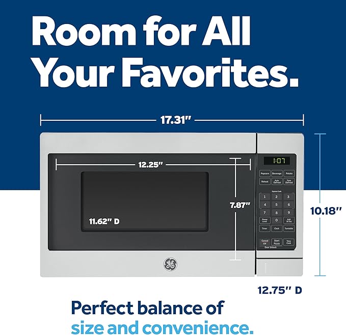 GE Compact Countertop Microwave Oven, 0.7 Cubic Ft., 700-watt Capacity, 6 Auto Cooking Settings, Child-Lock Technology, Dorm Room or Apartment, Stainless Steel
