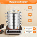 Steamer for Cooking, 5-Tier Stainless Steel Steamer Pot, Multipurpose Stackable Food Steam Pots Kitchen Steaming Cookware with Glass Lid for Induction, Gas, Electric Stoves, Composite Pot Base
