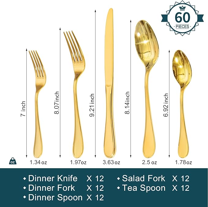 KINGSTONE 60 Piece Teardrop Silverware Set for 12, 18/10 Stainless Steel Flatware Set, Modern Design Cutlery Set for Home/Hotel/Wedding,Mirror Polished and Dishwasher Safe, Gold