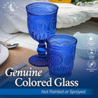 Cobalt Blue Glassware drinking glasses Set of 6, Handcrafted 8-Ounce Cups with Vintage Sunflower Pattern, Sturdy Lead-Free, Dishwasher Friendly blue drinking glasses with matching highball and goblets