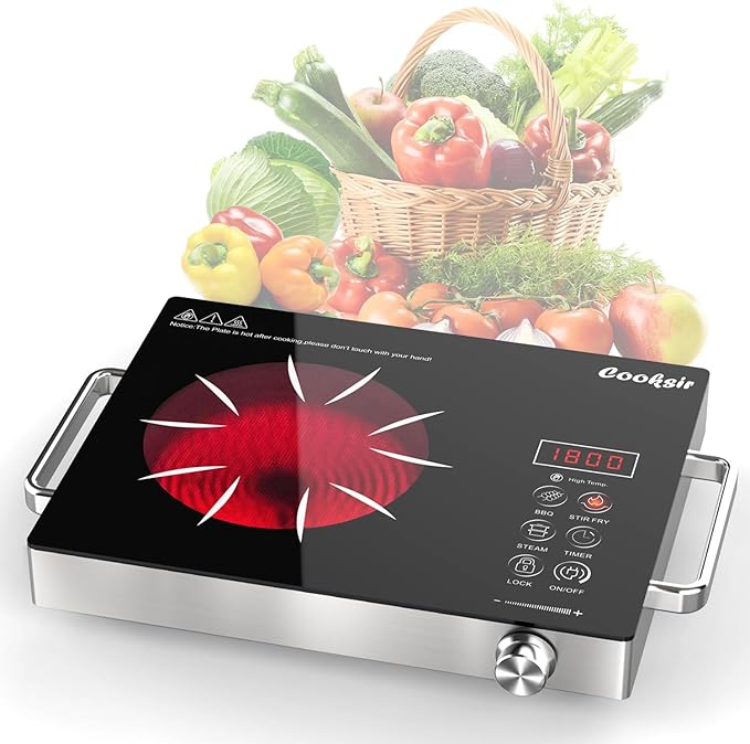 Single Burner Electric Cooktop - 110V Portable One Burner Hot Plate 1800W, Countertop Electric Stove top for Home, Camping, RV, Timer, Child Lock, Steam, BBQ, Stir Fry, 110-120V Plug in