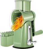 SUSTEAS Rotary Cheese Grater with Handle - Vegetable Shredder with 5 Well-designed Blades & Strong Suction Base,Round Mandoline Slicer & Food Chopper for Kitchen,with Blade Storage Box(Retro Green)