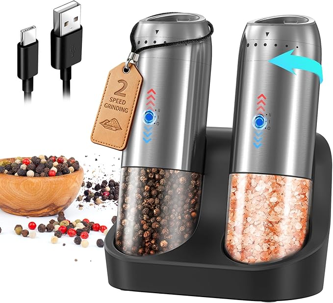 Gravity Electric Salt and Pepper Grinder Set with Rechargeable Base, 2-Speed Grinding Control Stainless Steel Pepper Mill Set with Adjustable Coarseness, LED Light & 176ml Large Capacity