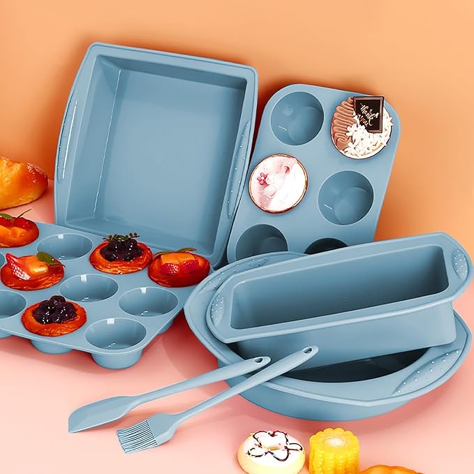 7in1 Silicone Bakeware Baking Set, Kitchen Bake Pans Molds Tray for Oven with BPA Free Round/Square Cake Pan, Loaf Pan, Muffin Pan for Bread Pizza Cheesecake Cupcake Pie Desserts
