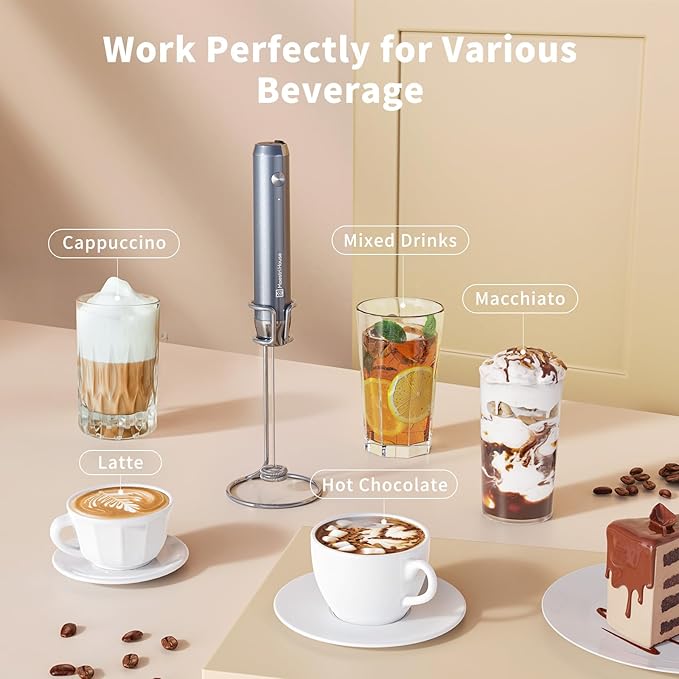 Maestri House Rechargeable Milk Frother with Stand, LunaFro Handheld Electric Foam Maker Waterproof Detachable Stainless Steel Whisk Drink Mixer Foamer for Lattes, Cappuccino