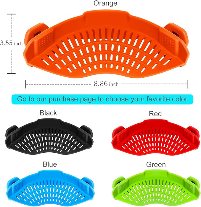 Clip On Strainer Silicone for all Pots and Pans, AUOON Pasta Strainer Clip on Food Strainer for Meat Vegetables Fruit Silicone Kitchen Colander