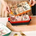 Ceramic Baking Pan, Forest Animals Pattern Tableware With Handle Salad Bowl Au Gratin Dish(Rabbit B round)