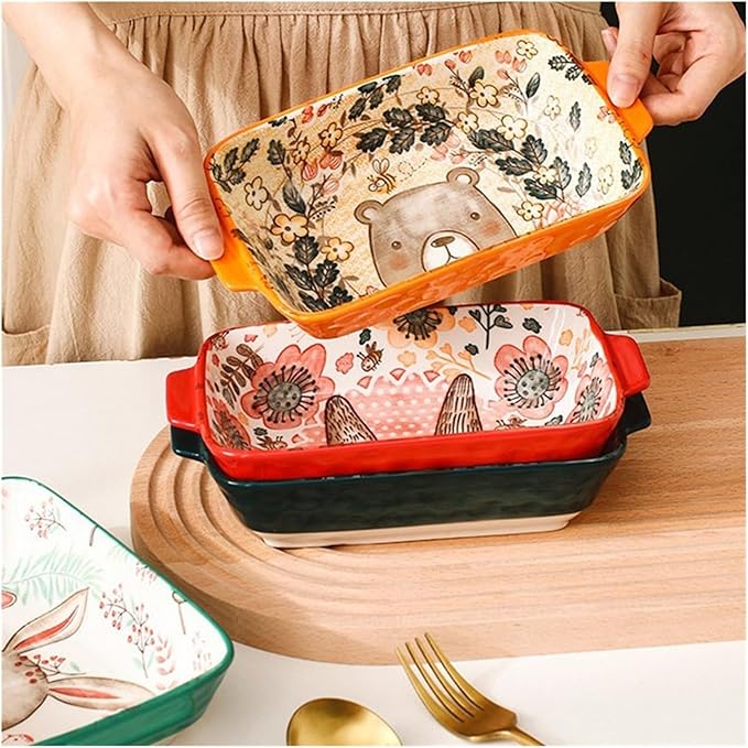 Ceramic Baking Pan, Forest Animals Pattern Tableware With Handle Salad Bowl Au Gratin Dish(Rabbit A rectangular)
