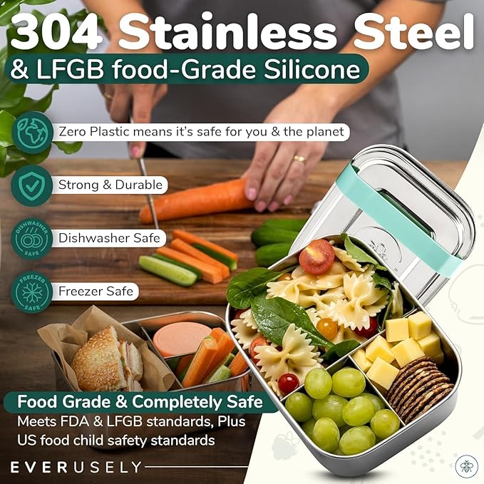 Everusely - Bento Box - Green, 27oz / 0.8 L - Stainless Steel Lunch Box with Leakproof Condiment Container - 3 Compartment Snack Organizer for On the Go Meals - Freezer & Dishwasher Safe