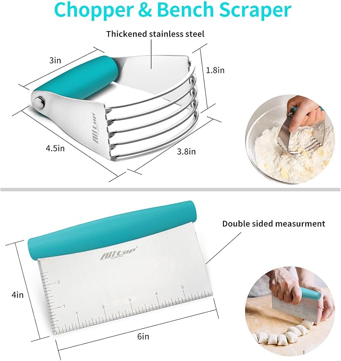 ALLTOP Pastry Blender & Bench Scraper - Premium Kitchen Baking Essential Gadget Set for Cake and Bread Making - Stainless Steel Dough Scraper&Butter Cutter for Homemade Delights - Turquoise