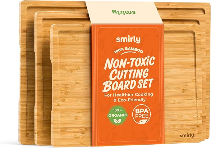 SMIRLY Bamboo Wooden Cutting Boards for Kitchen, Set of 3 Large - Small, Bamboo Wood Cutting Board Set with Deep Juice Grooves, Non Toxic Serving Tray, Perfect Mother's Day Gifts