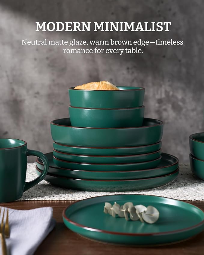 Famiware Mercury 24 Pieces Dinnerware Sets, Plates and Bowls Sets for 8, Microwave and Dishwasher Safe Dish Set, Dark Green