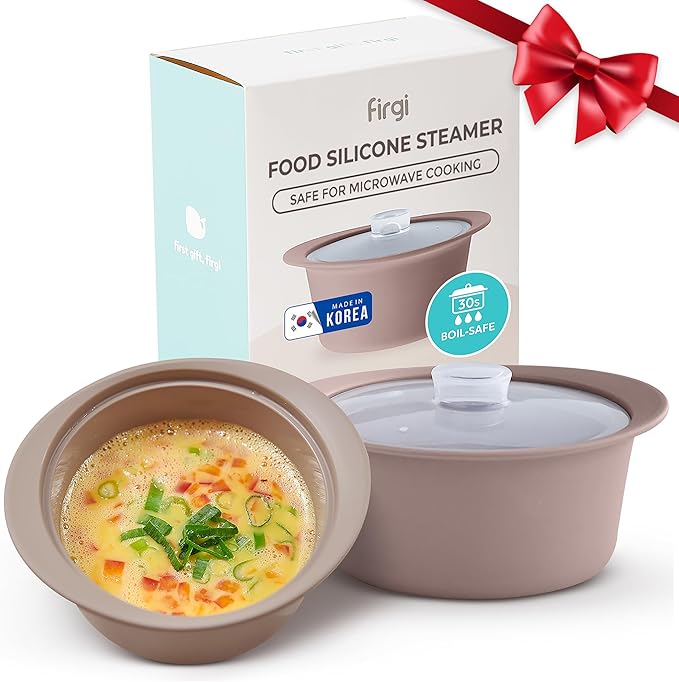 40oz Platinum Silicone Microwave Steamer Pot with Handle & Lid - Korean 100% Food-Grade Steamer Bowl, Heat-Resistant Cooker with Steam Holes, Easy Clean, Dishwasher Safe, Taupe Brown