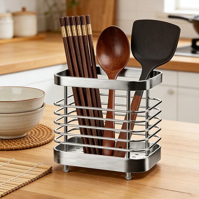 2 PCS Utensil Holder Stainless Steel Drying Rack Kitchen Counter Cutlery Silverware Flatware Drainer Caddy Forks, Knives, Spoons, Chopsticks Organizer (Black, Silver)