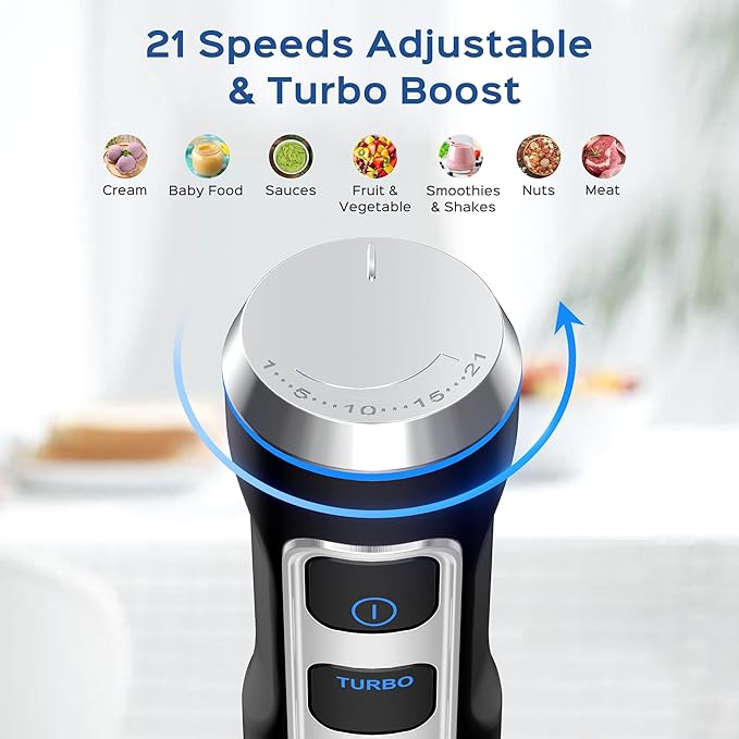 Immersion Blender Handheld 8 in 1 Hand Blender, Electric Blender Max 1000W Immersion Blender with 21 Speed & Turbo Mode, 21 Speed & Turbo Mode, Beaker Chopper Milk Frother Frother Grinder