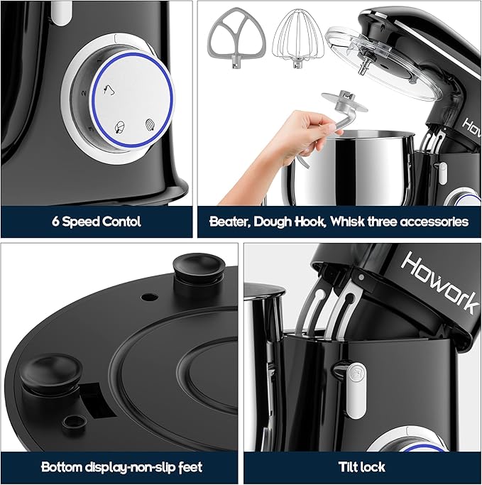 HOWORK 8.5QT Stand Mixer, 660W 6+P Speed Tilt-Head, Electric Kitchen Mixer With Dishwasher-Safe Dough Hook, Beater, Wire Whip & Pouring Shield (8.5 QT, Black)