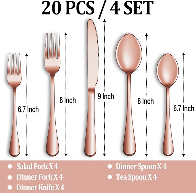 20 Pcs Rose Gold Silverware Set Service for 4, Premium Stainless Steel Flatware Set, Cutlery Utensil Set, Durable Home Kitchen Eating Tableware Set, Include Fork Knife Spoon Set, Dishwasher Safe