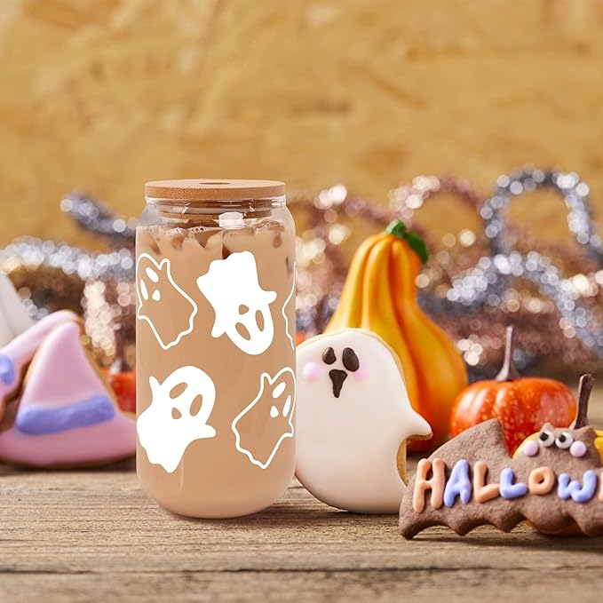 ANOTION Halloween Mugs - 18oz Halloween Ghost Decorations Glass Cups Tumbler for Iced Coffee, Glassware Cookie Jar Decor Gift Drinking Water Bottles