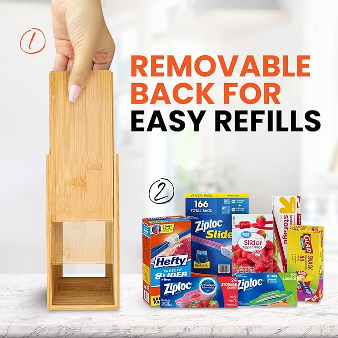 mHomeAid Bag Storage Organizer - Bamboo Food Plastic Baggie Holder, Dispenser, and Container for Kitchen Drawer - Fits Ziplock and Ziploc Gallon, Quart, Sandwich & Snack Sized Slider Bags (Bamboo)