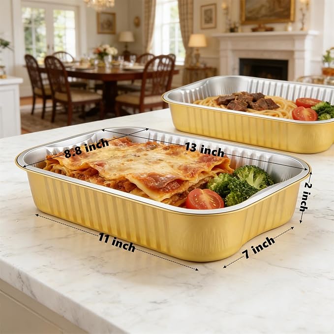 13"x 8.8"Gold Aluminum Foil Pans with Chear Lids & Handles(10 Pack) Heavy Duty Aluminum Pans, Disposable Foil Pans Containers for Cooking, Baking, Reheating, Freezer, Oven, Food Storage, 118oz