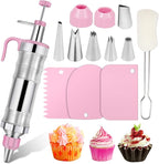 Dualshine Pink Cake Decorating Kit - 6 Russian Piping Icing Nozzles, 3 Cream Scrapers, Stainless Steel Cupcake Frosting Filling Injector