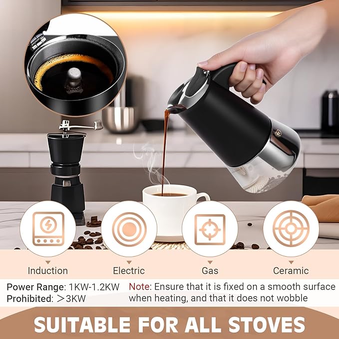 Moka Pot, 4 Cups (7.1 oz) Stovetop Espresso Maker, 304 Stainless Steel Moka Pot, Induction Compatible, Black