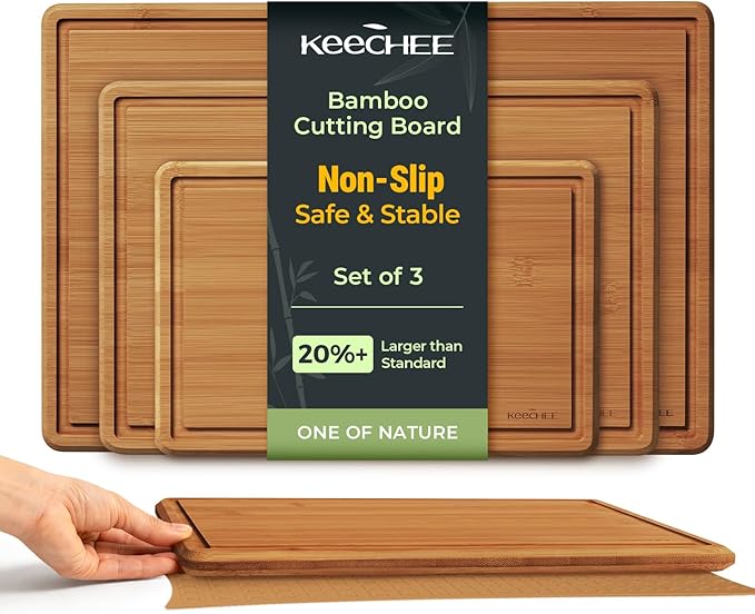 Keechee Bamboo Cutting Board with Non-slip Mat, Cutting Boards for Kitchen Meal Prep & Serving - Wood Serving Board Sets with Deep Juice Groove Ideal Kitchen Gifts