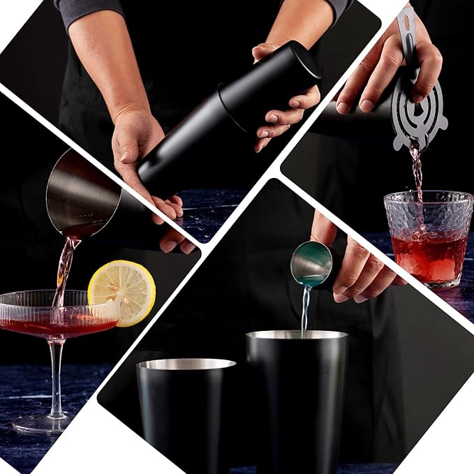JNWINOG Cocktail Shaker Set 4-Piece Boston Shaker Kit with 20oz/25oz Shaker,Strainerand 0.5/1oz Double JiggerBar Set for Home Drink Mixer Bartendiing (Matte Black, 20oz/25oz)