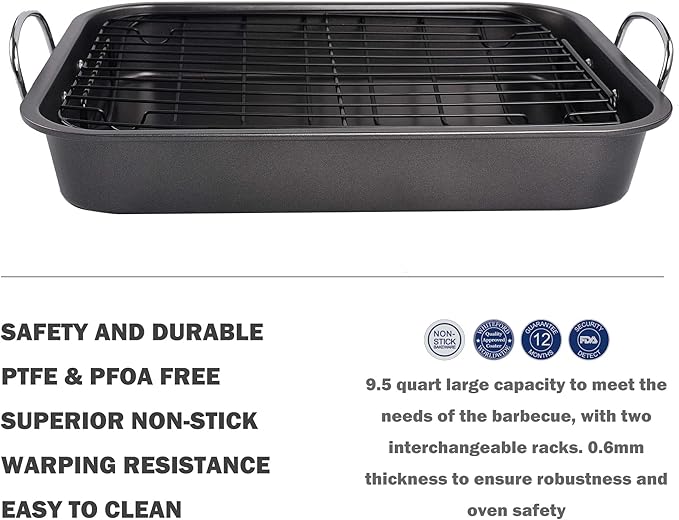 kitCom Nonstick Roasting Pan, Roaster with Rack - 16 Inch Rectangular Grill Suitable for Turkey, Roast Chicken, Ham, Dishwasher Safe (9.5QT)