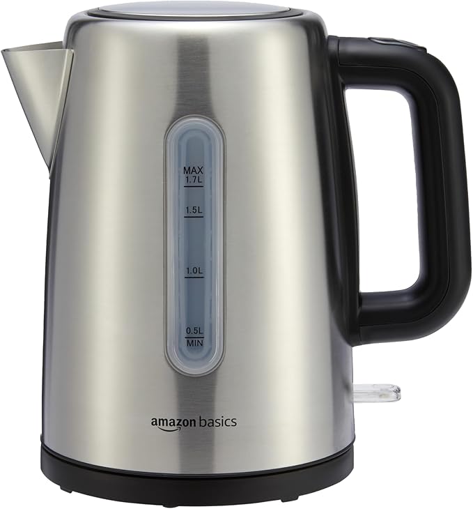 Amazon Basics Electric Stainless Steel Kettle for Tea and Coffee, BPA-Free, Fast Boiling, Auto Shut-Off, Boil-Dry Protection, 1.7 Liter, 1500W, Black and Silver
