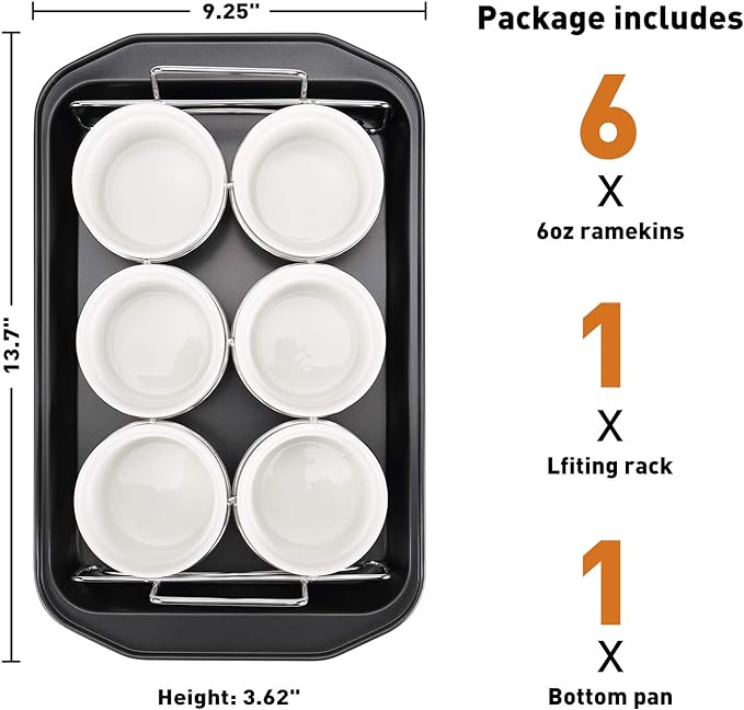 Creme Brulee Making Set - 6 Porcelain Ramekins 6 oz, 304 Stainless Steel Lifting Rack, 9" X 13" Bottom Pan