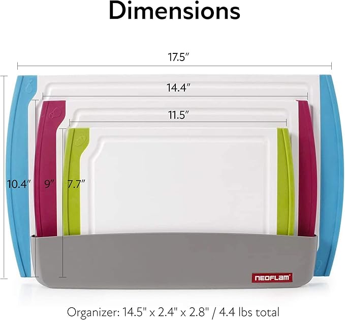Neoflam 4 Piece Plastic Coded Cutting Board Set plus Organizer with Food Icon, Microban Protection, Extra Large, BPA Free, Juice Groove, Non Slip, Dishwasher Safe, Multicolor