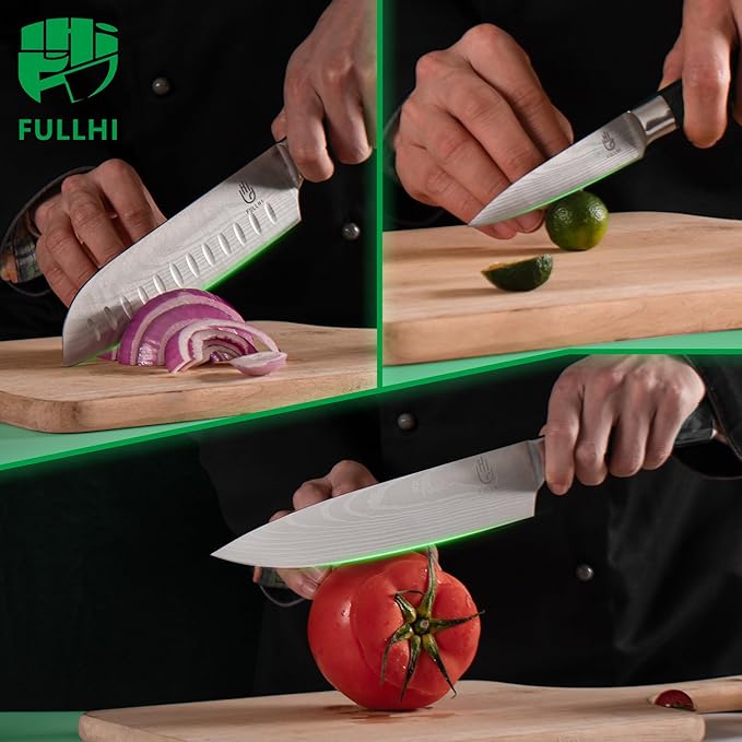 FULLHI 15pcs Japanese Knife Set with Magnetic Knife Block Holder, Japan Stainless Steel Blades, Black Resin Ergonomic Handles for Professional and Home Cooking