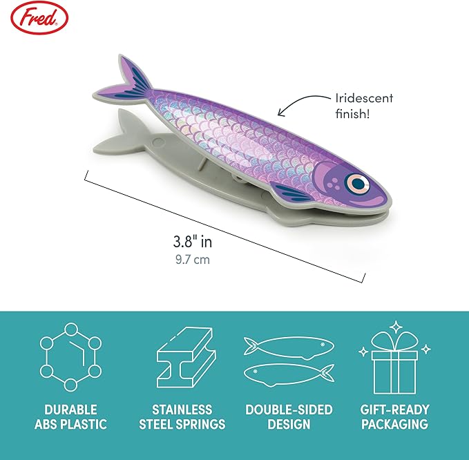 Genuine Fred FISH 'N CLIPS Sardine Bag Clips, Set of 4 Food Storage Clips, Iridescent Finish, Double-Sided, Durable Plastic and Stainless Steel Springs, Fun Kitchen Accessories and Great Gift