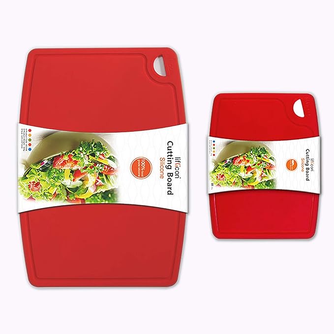 Liflicon Thick Silicone Cutting Boards for Kitchen Silicone Chopping Boards/Mats Set of 2 Extra Large14.6''x10.43'', Mini 9.1”x7.1” Non-slip Deep Drip Juice Groove, Dishwasher Safe-Red