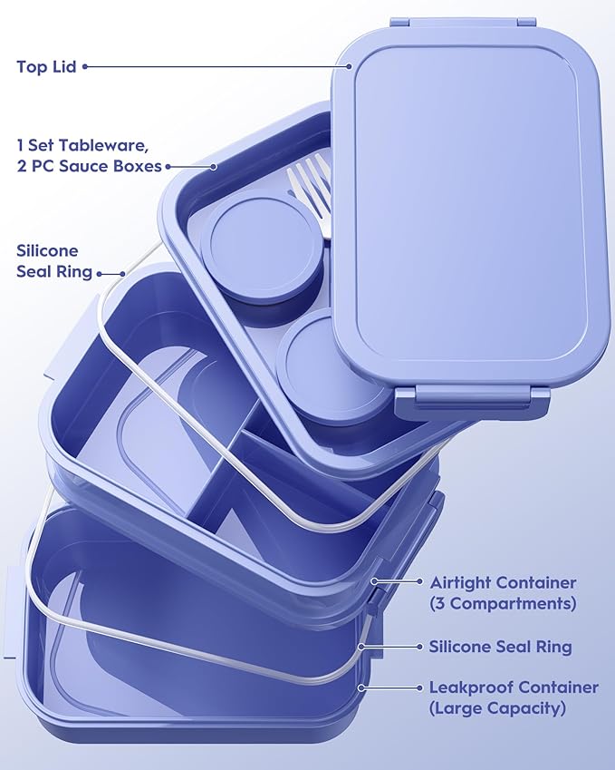 Adults Bento Box with Insulated Lunch Bag, 74oz Capacity 3 Stackable Leak-Proof Bento Box Built-In Utensil and Sauce, PFAS & BPA-Free, Microwave & Dishwasher Safe (Mist Purple)