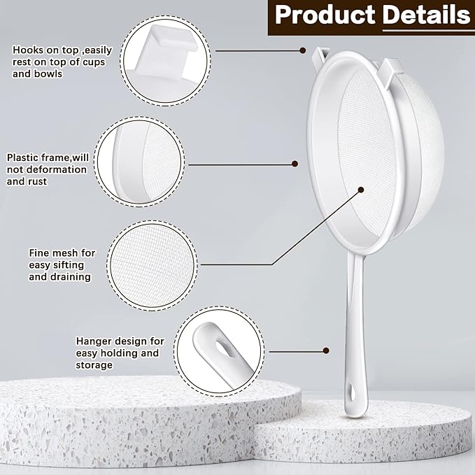 3 Pcs Plastic Nylon Mesh Strainer Colander with Handle Double Ear Fine Food Mesh Strainer Flour Sifter for Baking Kitchen Colander Sifter Kefir Tea Juice Pasta(3 Inch, 4 Inch, 5.5 Inch)