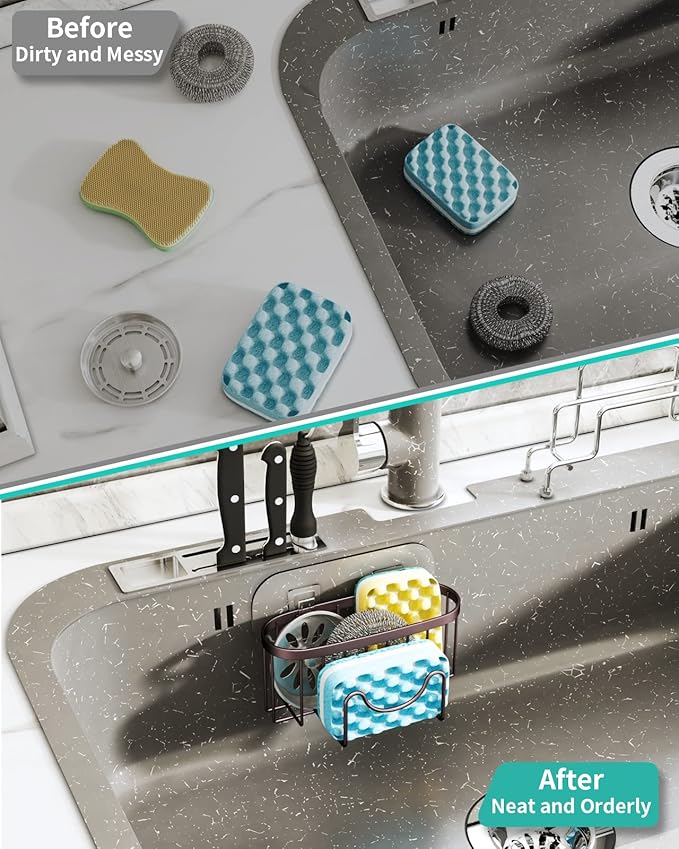 HapiRm Multifunctional Sponge Holder for Kitchen Sink with Unique M-Shaped, 2 Installation Methods Sink Caddy, Stainless Steel Kitchen Organizer for Sponge, Brush, Sink Stopper and Scraper -Bronze