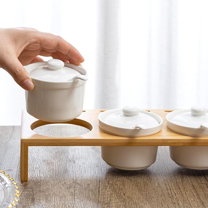 MyGift 10 Pcs Sauce Serving Dish, Hosting Party Essentials Host Gift, 3 Ceramic Ramekin Chip Dip Bowls with Lids & Spoons, Premium Bamboo Server Tray, Condiment Pot Entertaining