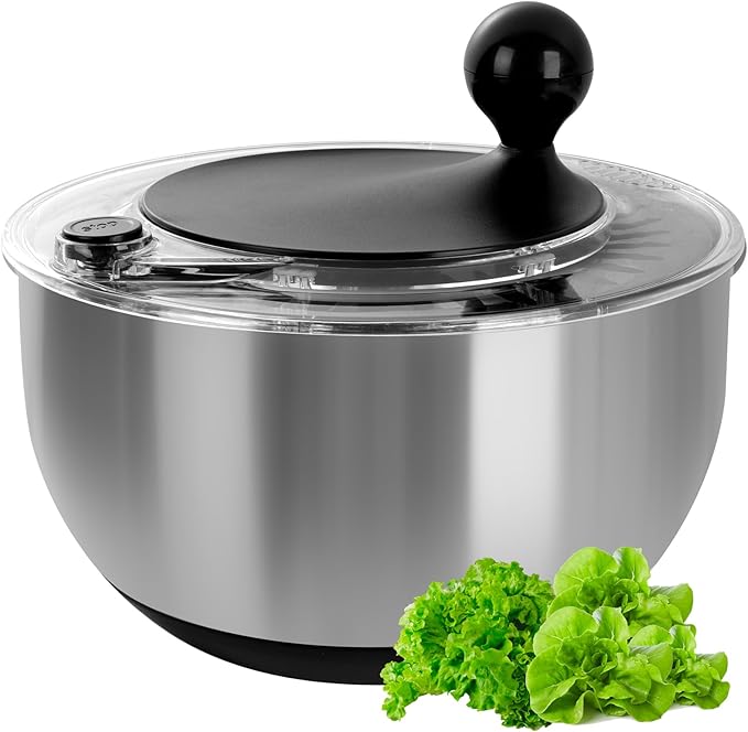 supernal 5.3Qt Salad Spinner Lettuce Spinner with Stop Button Vegetable Dryer Fruit Washer Chopper Bowl Non-Slip Base Dishwasher Safe Fruit Washing Bowl with Strainer Clear Lid & Drainage Hole Black