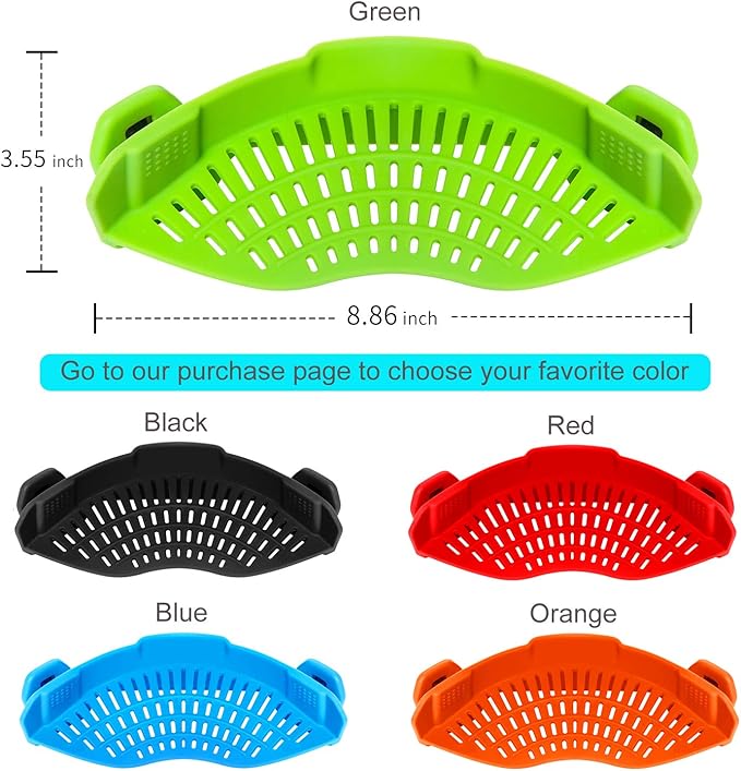 Clip On Strainer Silicone Pots and Pans, AUOON Pasta Strainer Clip on Food Strainer for Meat Vegetables Fruit Silicone Kitchen Colander, Green